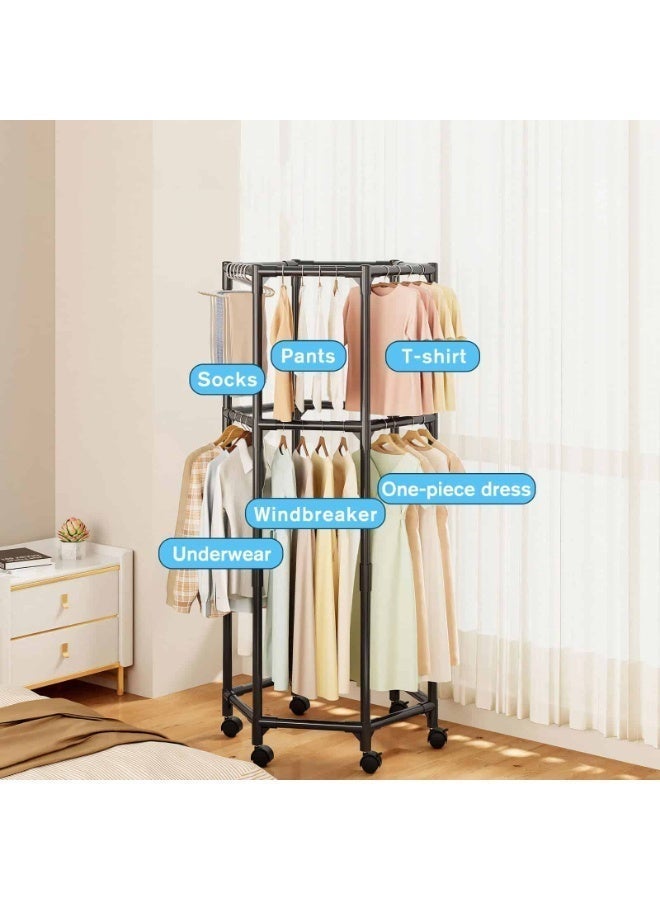 أديلي علاقة ملابس بعجلات بطبقتين، رف ملابس محمول لتعليق الملابس، تصميم سداسي متين متعدد الاستخدام لغرفة النوم وغرفة المعيشة - Image 5